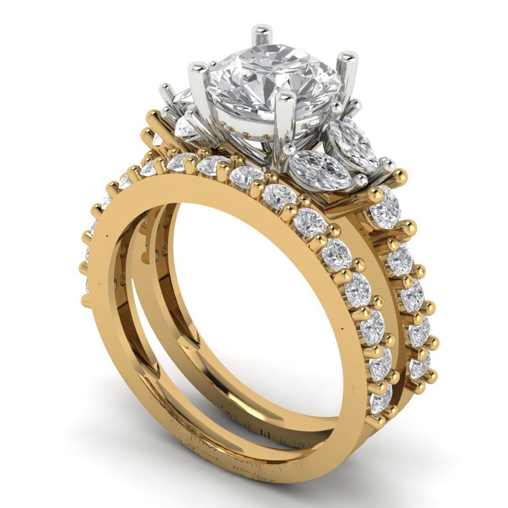 2.94 cttw Round Cut White Sapphire Bridal Set - Solid Yellow/White Gold Engagement Ring & Wedding Band
