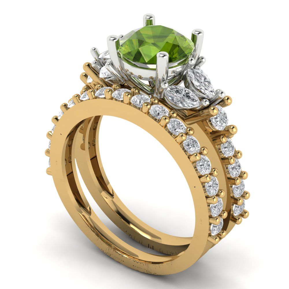 2.94 cttw Round Cut Natural Peridot Bridal Set - Solid Yellow/White Gold Engagement Ring & Wedding Band