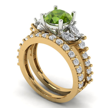 2.94 cttw Round Cut Natural Peridot Bridal Set - Solid Yellow/White Gold Engagement Ring & Wedding Band