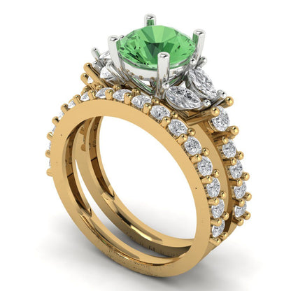 2.94 cttw Round Cut Simulated Green Diamond Bridal Set - Solid Yellow/White Gold Engagement Ring & Wedding Band