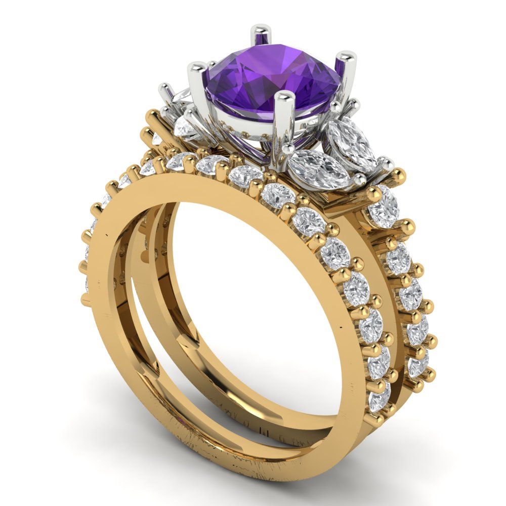 2.94 cttw Round Cut Natural Amethyst Bridal Set - Solid Yellow/White Gold Engagement Ring & Wedding Band