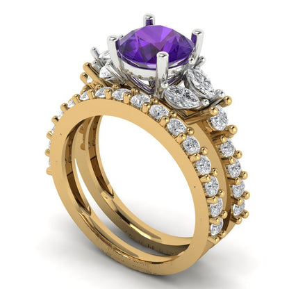 2.94 cttw Round Cut Natural Amethyst Bridal Set - Solid Yellow/White Gold Engagement Ring & Wedding Band