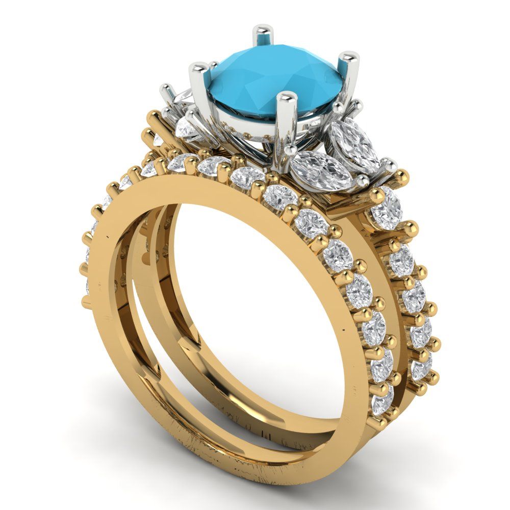 2.94 cttw Round Cut Simulated Turquoise Bridal Set - Solid Yellow/White Gold Engagement Ring & Wedding Band