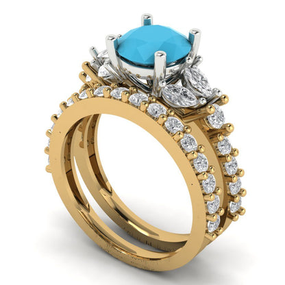 2.94 cttw Round Cut Simulated Turquoise Bridal Set - Solid Yellow/White Gold Engagement Ring & Wedding Band