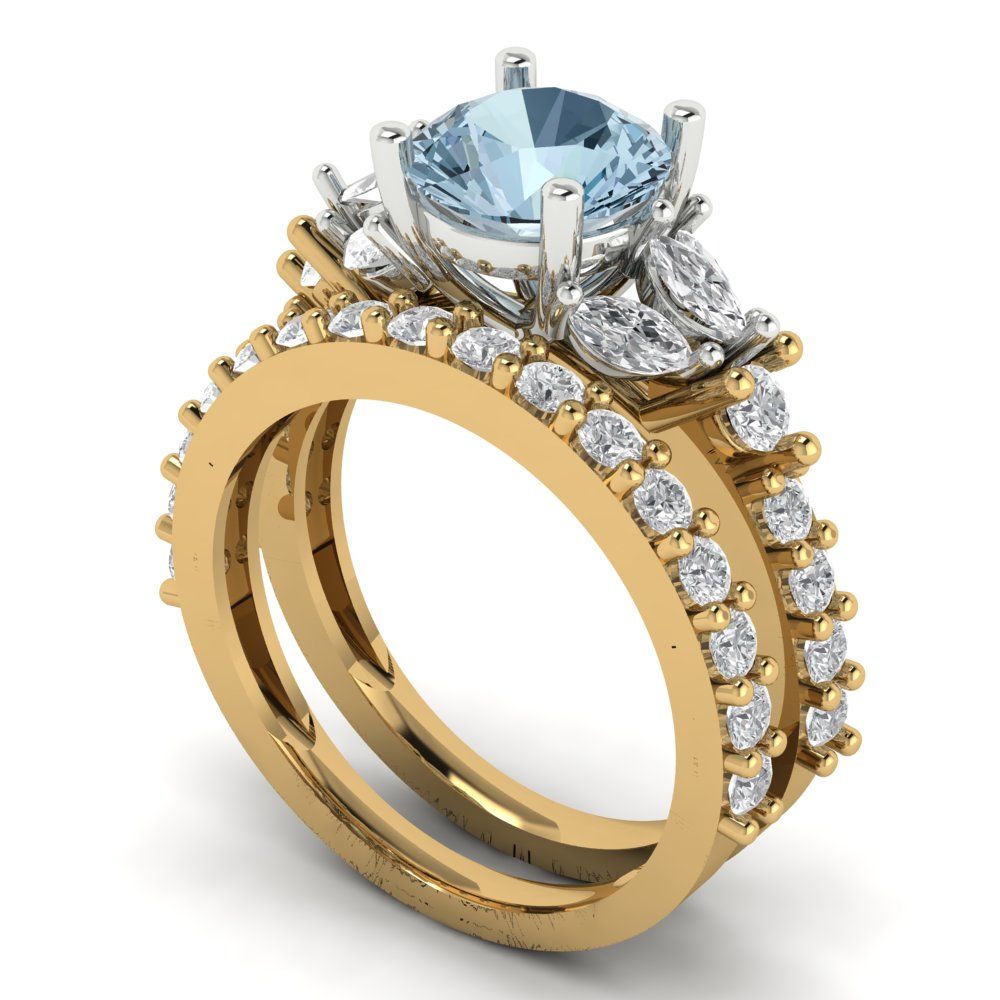 2.94 cttw Round Cut Natural Swiss Blue Topaz Bridal Set - Solid Yellow/White Gold Engagement Ring & Wedding Band