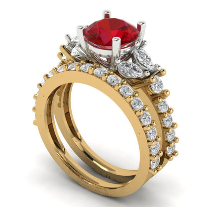 2.94 cttw Round Cut Simulated Pink Tourmaline Bridal Set - Solid Yellow/White Gold Engagement Ring & Wedding Band