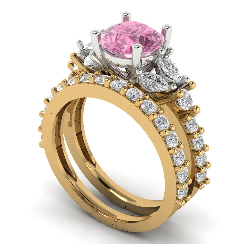 2.94 cttw Round Cut Simulated Pink Diamond Bridal Set - Solid Yellow/White Gold Engagement Ring & Wedding Band