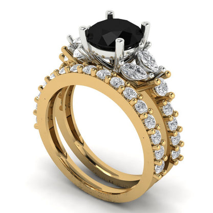 2.94 cttw Round Cut Natural Onyx Bridal Set - Solid Yellow/White Gold Engagement Ring & Wedding Band