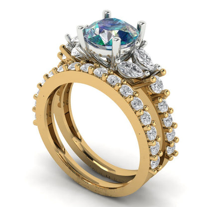 2.94 cttw Round Cut Blue Moissanite Bridal Set - Solid Yellow/White Gold Engagement Ring & Wedding Band
