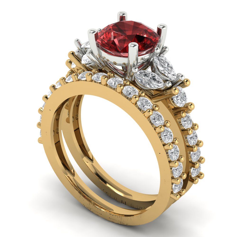 2.94 cttw Round Cut Natural Garnet Bridal Set - Solid Yellow/White Gold Engagement Ring & Wedding Band
