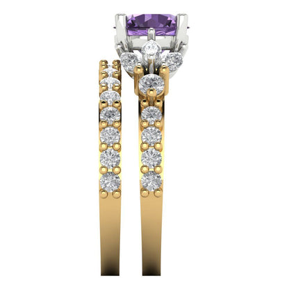 2.94 cttw Round Cut Simulated Alexandrite Bridal Set - Solid Yellow/White Gold Engagement Ring & Wedding Band