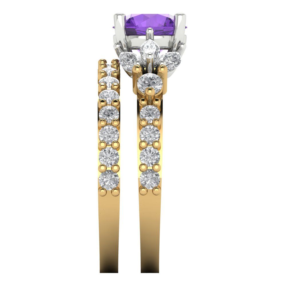 2.94 cttw Round Cut Natural Amethyst Bridal Set - Solid Yellow/White Gold Engagement Ring & Wedding Band