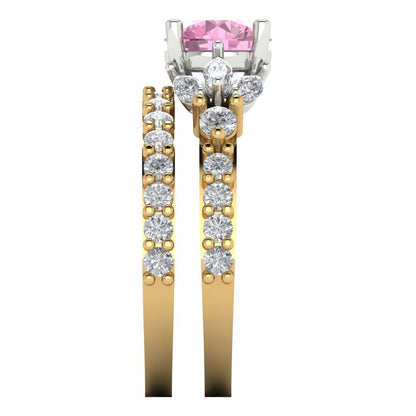 2.94 cttw Round Cut Simulated Pink Diamond Bridal Set - Solid Yellow/White Gold Engagement Ring & Wedding Band