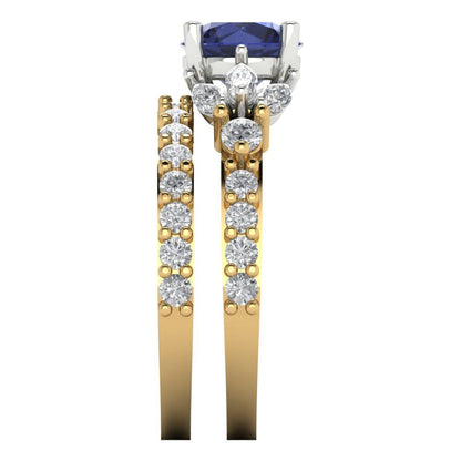 2.94 cttw Round Cut Simulated Blue Sapphire Bridal Set - Solid Yellow/White Gold Engagement Ring & Wedding Band