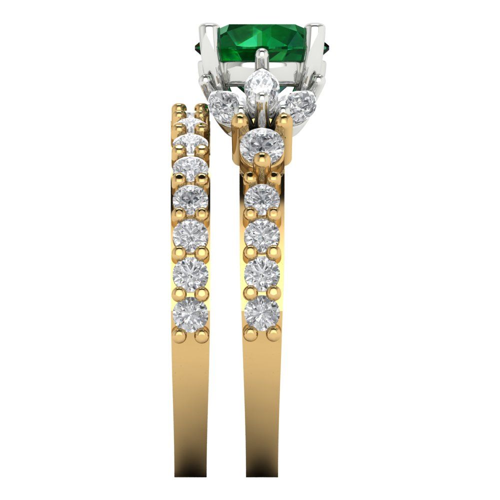 2.94 cttw Round Cut Simulated Emerald Bridal Set - Solid Yellow/White Gold Engagement Ring & Wedding Band