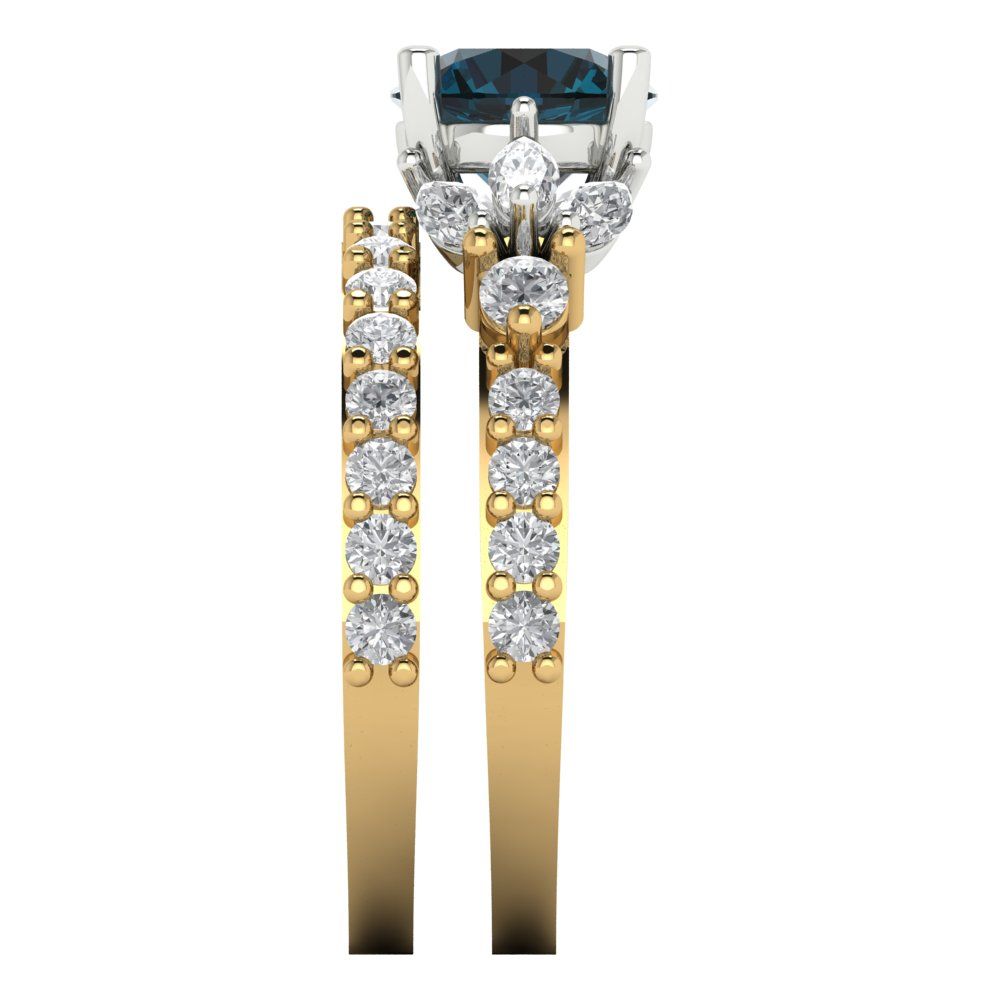 2.94 cttw Round Cut Natural London Blue Topaz Bridal Set - Solid Yellow/White Gold Engagement Ring & Wedding Band
