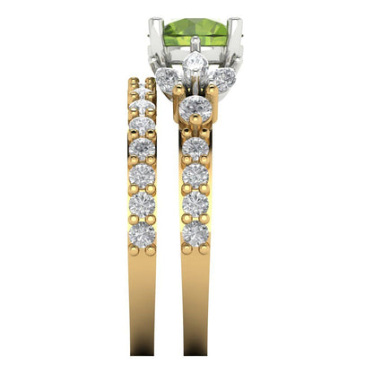 2.94 cttw Round Cut Natural Peridot Bridal Set - Solid Yellow/White Gold Engagement Ring & Wedding Band