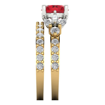 2.94 cttw Round Cut Simulated Ruby Bridal Set - Solid Yellow/White Gold Engagement Ring & Wedding Band