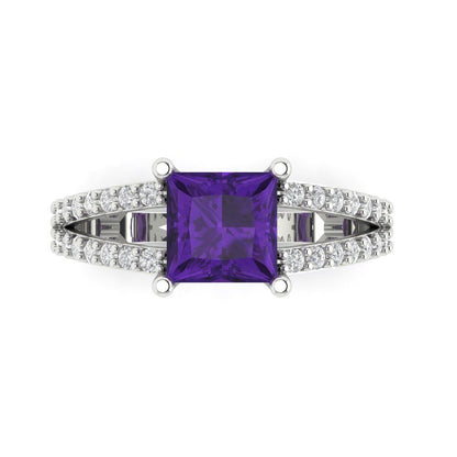 2.48 cttw Natural Amethyst Solitaire with Zirconia Simulated Diamond Accents Engagement Ring - Solid Gold (Princess Cut,7.0mm)