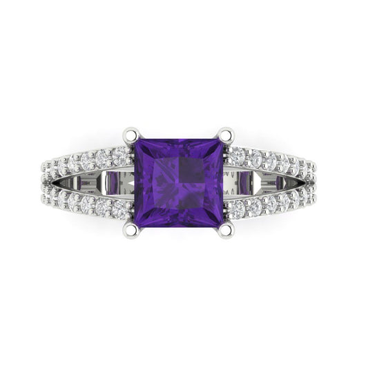 2.48 cttw Natural Amethyst Solitaire with Zirconia Simulated Diamond Accents Engagement Ring - Solid White Gold (VVS1, Princess Cut,7.0mm)
