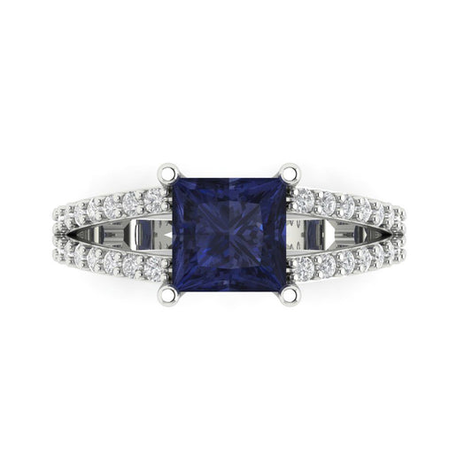 2.48 cttw Simulated Blue Sapphire Solitaire with Zirconia Simulated Diamond Accents Engagement Ring - Solid White Gold (VVS1, Princess Cut,7.0mm)