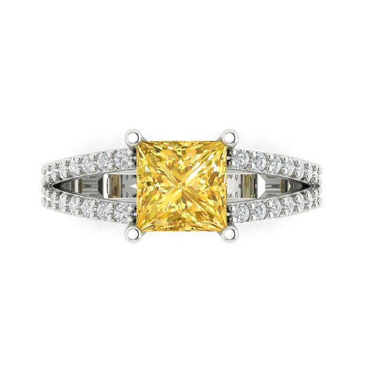 2.48 cttw Natural Citrine Solitaire with Zirconia Simulated Diamond Accents Engagement Ring - Solid White Gold (VVS1, Princess Cut,7.0mm)