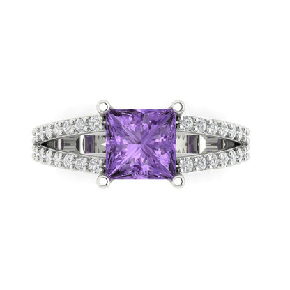 2.48 cttw Simulated Alexandrite Solitaire with Zirconia Simulated Diamond Accents Engagement Ring - Solid Gold (Princess Cut,7.0mm)
