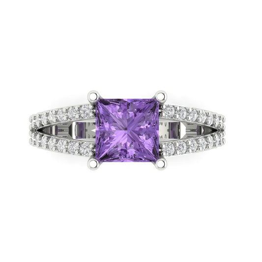 2.48 cttw Simulated Alexandrite Solitaire with Zirconia Simulated Diamond Accents Engagement Ring - Solid White Gold (VVS1, Princess Cut,7.0mm)
