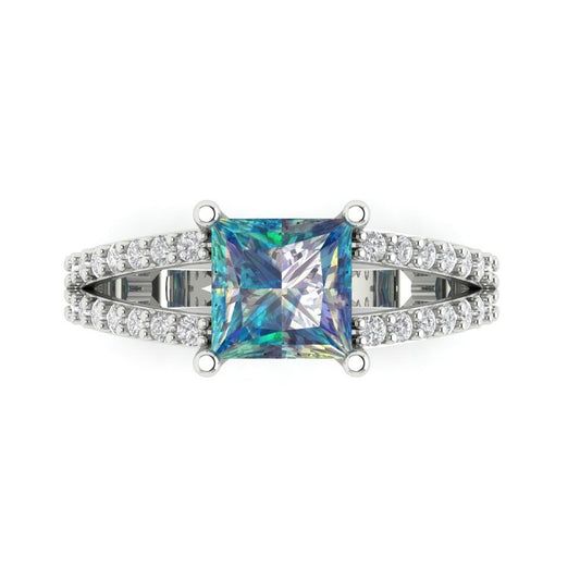 2.48 cttw Blue Moissanite Solitaire with Zirconia Simulated Diamond Accents Engagement Ring - Solid White Gold (VVS1, Princess Cut,7.0mm)