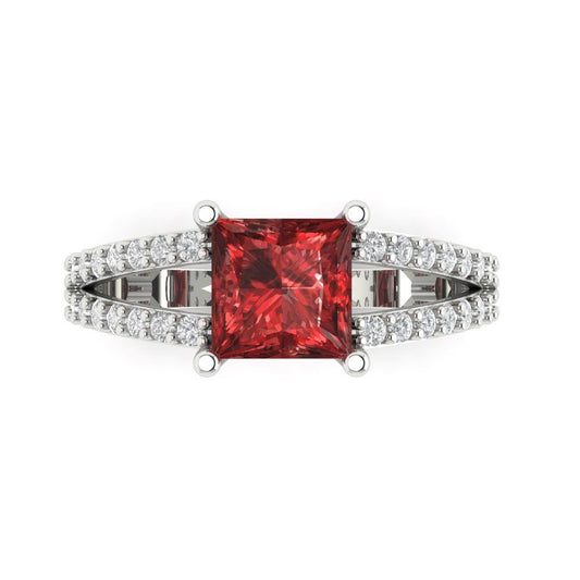 2.48 cttw Natural Garnet Solitaire with Zirconia Simulated Diamond Accents Engagement Ring - Solid White Gold (VVS1, Princess Cut,7.0mm)