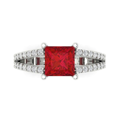 2.48 cttw Simulated Ruby Solitaire with Zirconia Simulated Diamond Accents Engagement Ring - Solid Gold (Princess Cut,7.0mm)