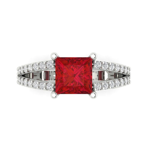 2.48 cttw Simulated Ruby Solitaire with Zirconia Simulated Diamond Accents Engagement Ring - Solid White Gold (VVS1, Princess Cut,7.0mm)