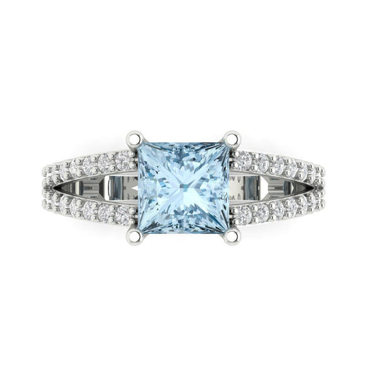 2.48 cttw Natural Aquamarine Solitaire with Zirconia Simulated Diamond Accents Engagement Ring - Solid White Gold (VVS1, Princess Cut,7.0mm)