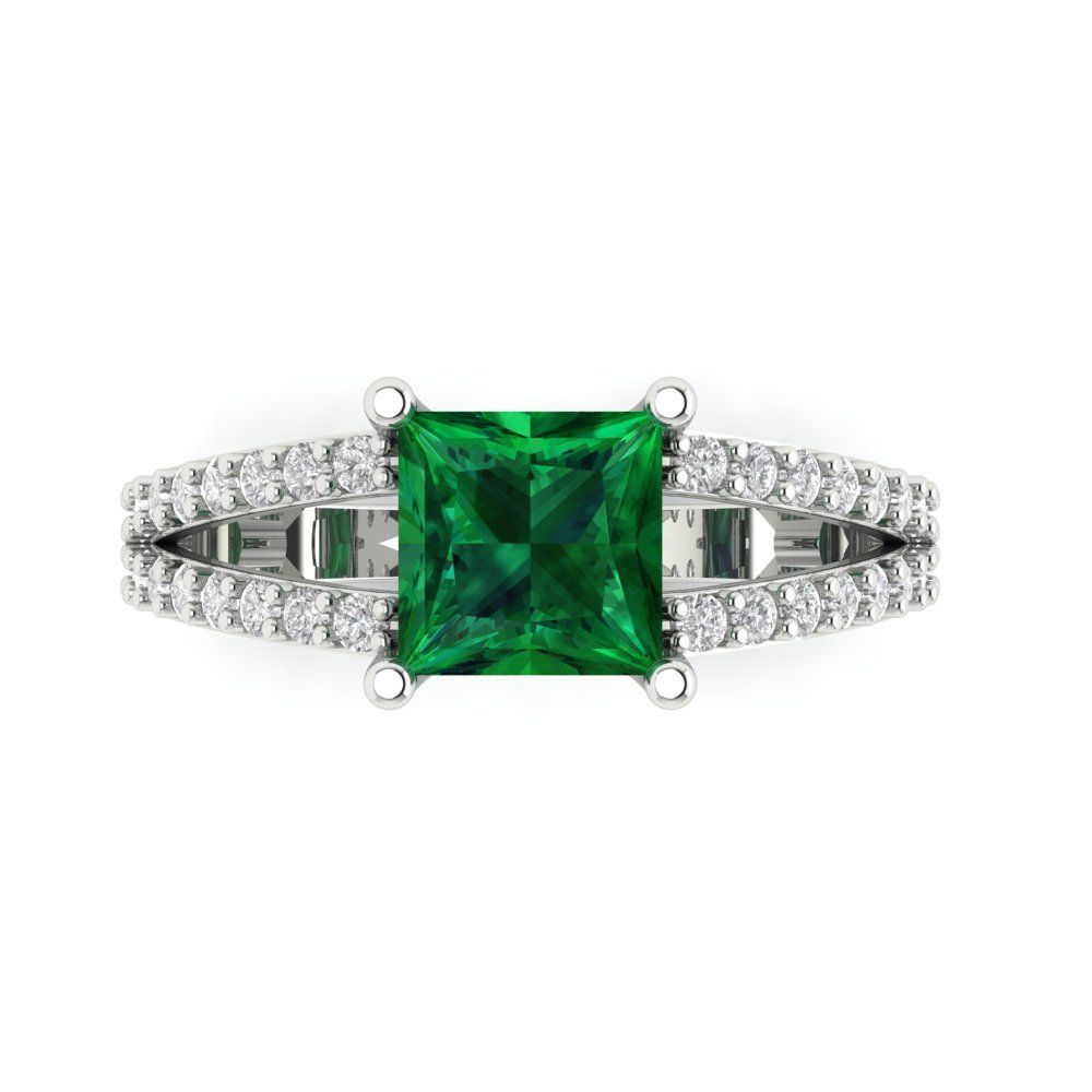 2.48 cttw Simulated Emerald Solitaire with Zirconia Simulated Diamond Accents Engagement Ring - Solid Gold (Princess Cut,7.0mm)