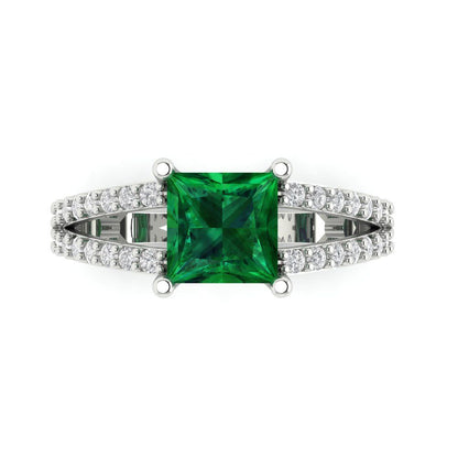 2.48 cttw Simulated Emerald Solitaire with Zirconia Simulated Diamond Accents Engagement Ring - Solid Gold (Princess Cut,7.0mm)