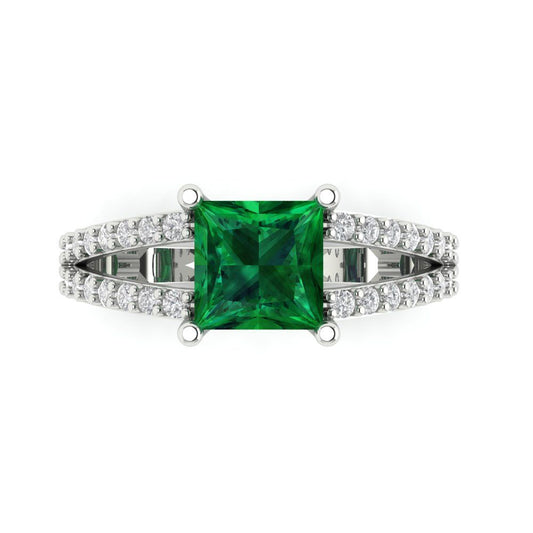 2.48 cttw Simulated Emerald Solitaire with Zirconia Simulated Diamond Accents Engagement Ring - Solid White Gold (VVS1, Princess Cut,7.0mm)