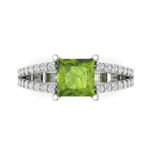 2.48 cttw Natural Peridot Solitaire with Zirconia Simulated Diamond Accents Engagement Ring - Solid White Gold (VVS1, Princess Cut,7.0mm)