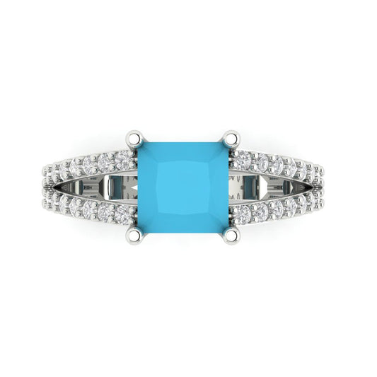 2.48 cttw Simulated Turquoise Solitaire with Zirconia Simulated Diamond Accents Engagement Ring - Solid White Gold (VVS1, Princess Cut,7.0mm)