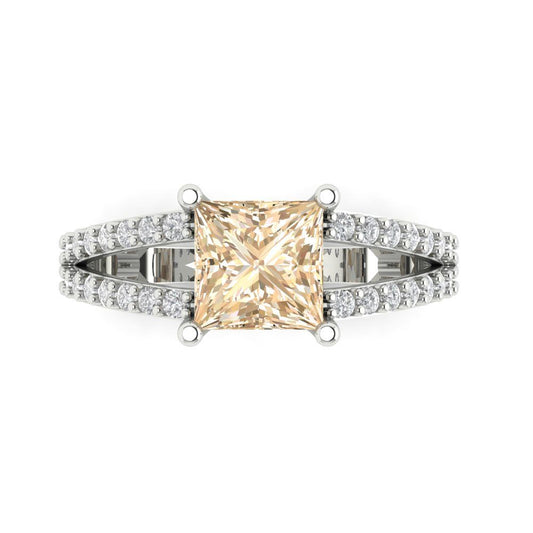 2.48 cttw Natural Morganite Solitaire with Zirconia Simulated Diamond Accents Engagement Ring - Solid White Gold (VVS1, Princess Cut,7.0mm)