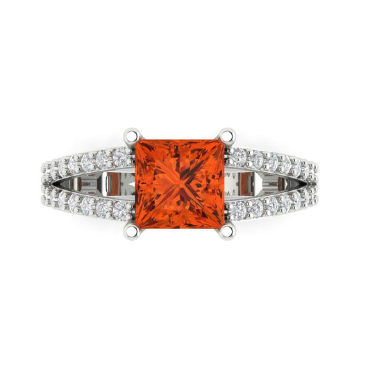 2.48 cttw Zirconia Simulated Red Diamond Solitaire with Zirconia Simulated Diamond Accents Engagement Ring - Solid White Gold (VVS1, Princess Cut,7.0mm)