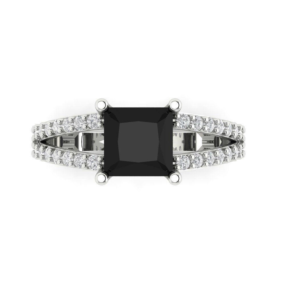 2.48 cttw Natural Onyx Solitaire with Zirconia Simulated Diamond Accents Engagement Ring - Solid Gold (Princess Cut,7.0mm)