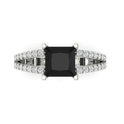 2.48 cttw Natural Onyx Solitaire with Zirconia Simulated Diamond Accents Engagement Ring - Solid Gold (Princess Cut,7.0mm)