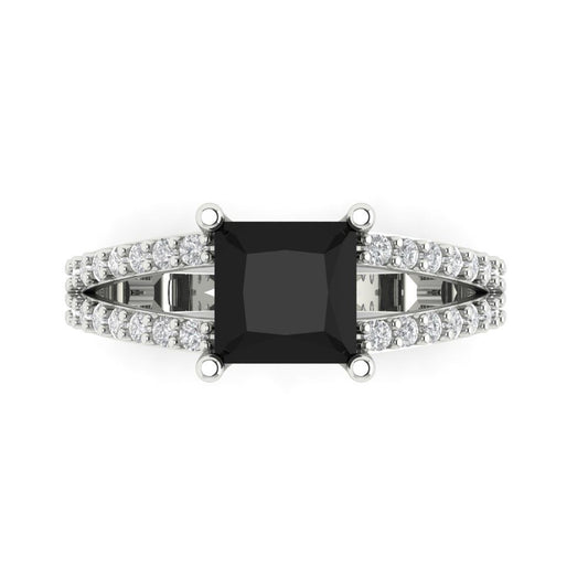 2.48 cttw Natural Onyx Solitaire with Zirconia Simulated Diamond Accents Engagement Ring - Solid White Gold (VVS1, Princess Cut,7.0mm)