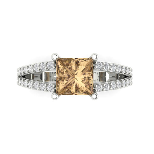 2.48 cttw Zirconia Simulated Champagne Diamond Solitaire with Zirconia Simulated Diamond Accents Engagement Ring - Solid White Gold (VVS1, Princess Cut,7.0mm)