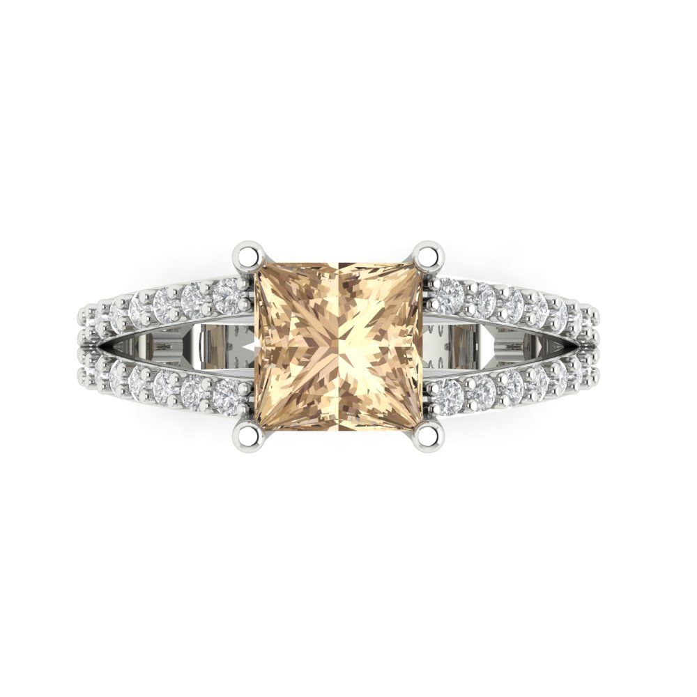 2.48 cttw Yellow Moissanite Solitaire with Zirconia Simulated Diamond Accents Engagement Ring - Solid Gold (Princess Cut,7.0mm)