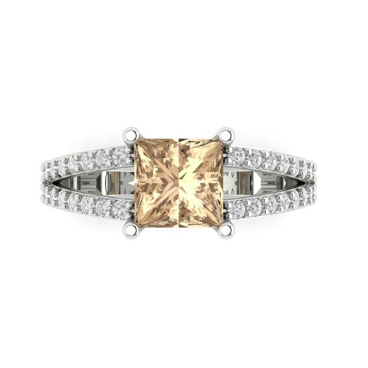 2.48 cttw Yellow Moissanite Solitaire with Zirconia Simulated Diamond Accents Engagement Ring - Solid White Gold (VVS1, Princess Cut,7.0mm)
