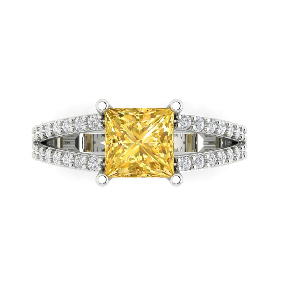 2.48 cttw Zirconia Simulated Yellow Diamond Solitaire with Zirconia Simulated Diamond Accents Engagement Ring - Solid Gold (VVS1, Princess Cut,7.0mm)