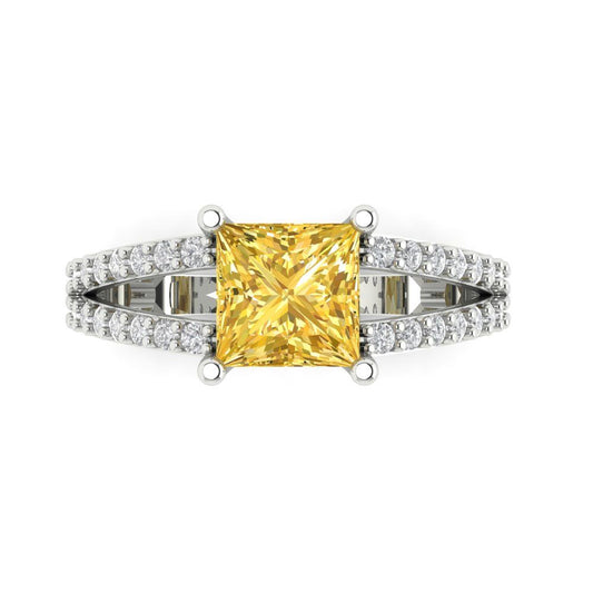 2.48 cttw Zirconia Simulated Yellow Diamond Solitaire with Zirconia Simulated Diamond Accents Engagement Ring - Solid White Gold (VVS1, Princess Cut,7.0mm)