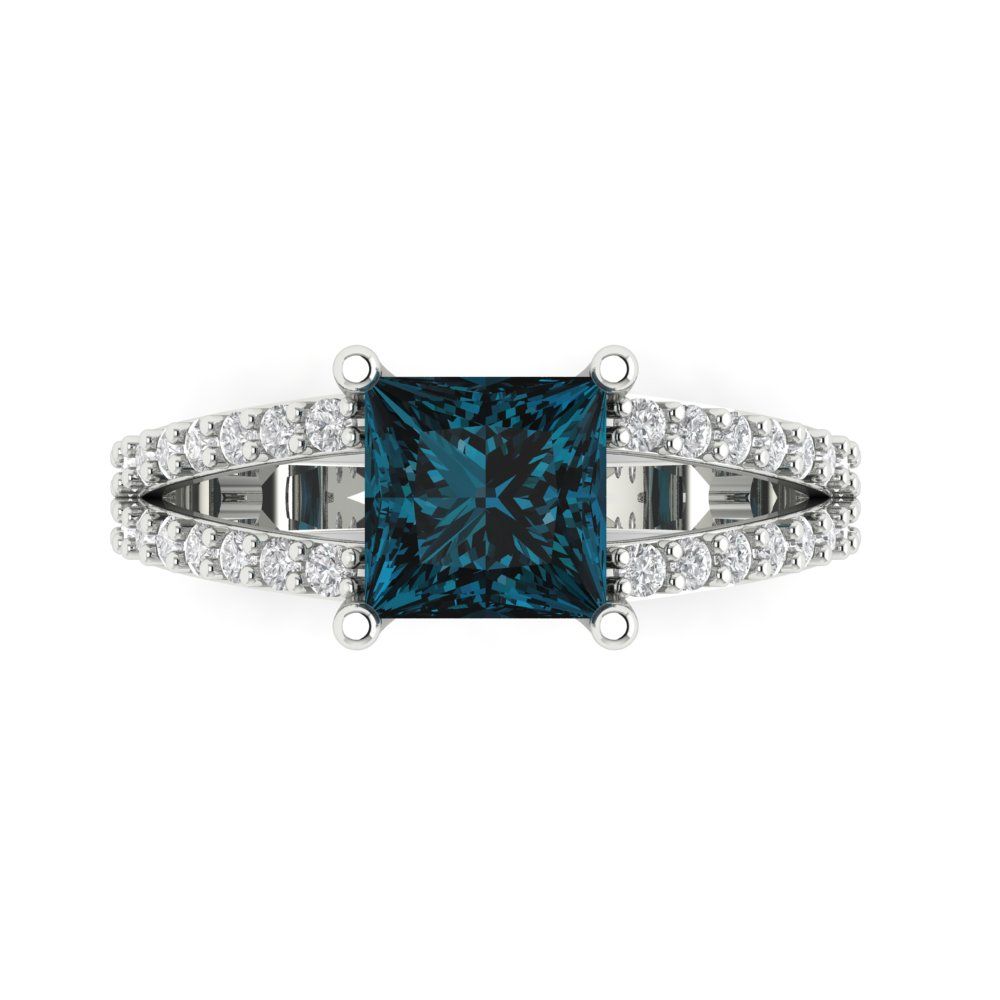 2.48 cttw Natural London Blue Topaz Solitaire with Zirconia Simulated Diamond Accents Engagement Ring - Solid Gold (Princess Cut,7.0mm)
