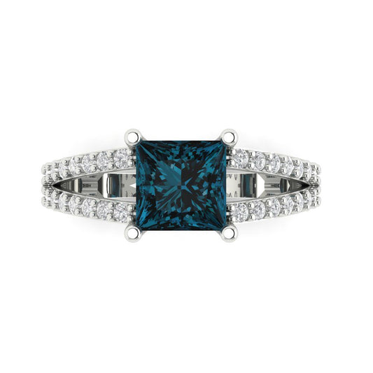 2.48 cttw Natural London Blue Topaz Solitaire with Zirconia Simulated Diamond Accents Engagement Ring - Solid White Gold (VVS1, Princess Cut,7.0mm)
